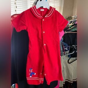 Red Corduroy Baby Romper with Embroidered Detail